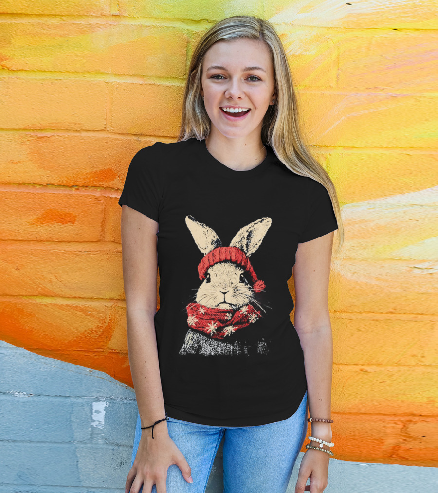 Bunny Rabbit In Red Knit Hat With Snowflake Scarf Winter T-Shirt