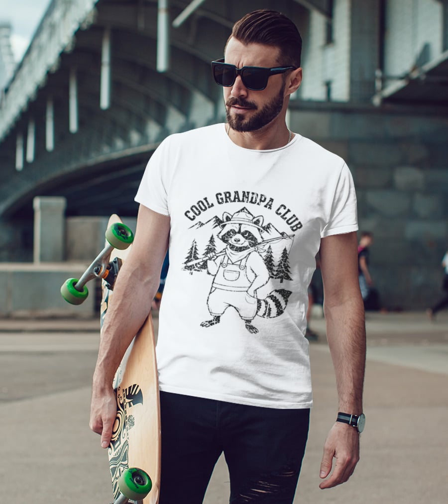 Cool Grandpa Club Raccoon With Fishing Rod And Mountain Trees T-Shirt