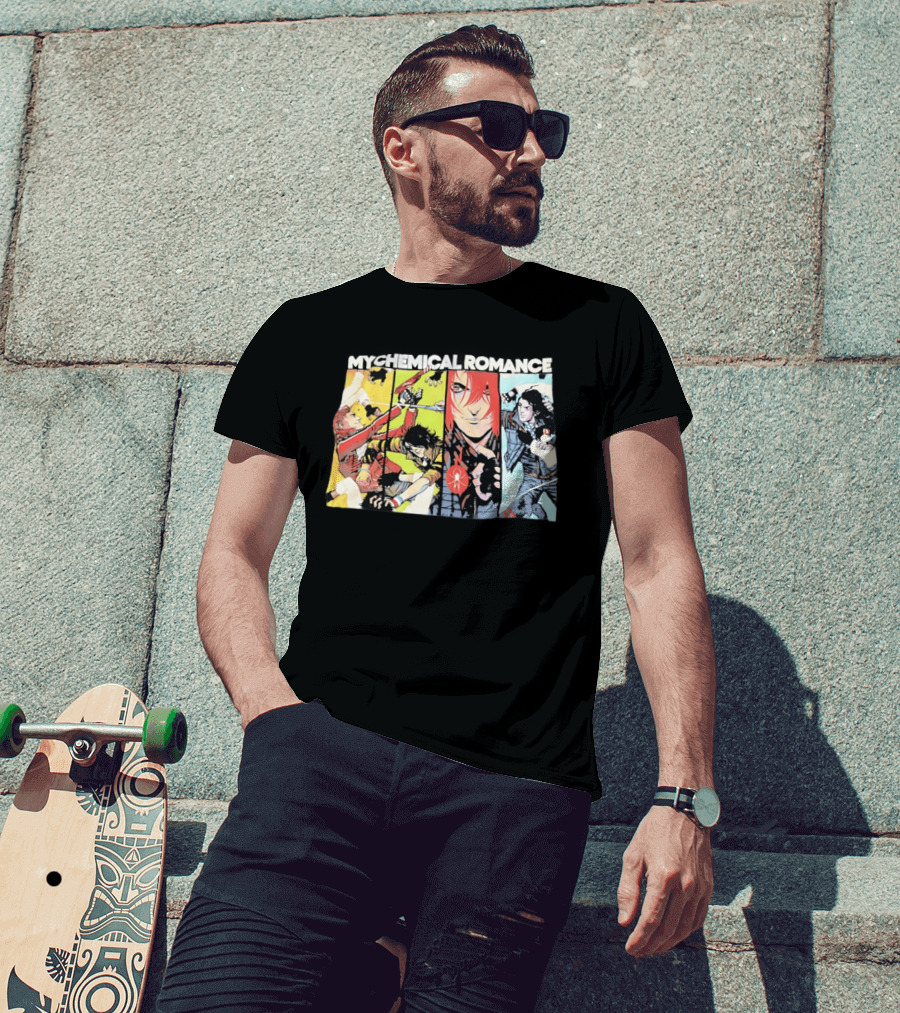 My Chemical Romance Comic Book Characters And Spider Symbol Vibrant Panel T-Shirt