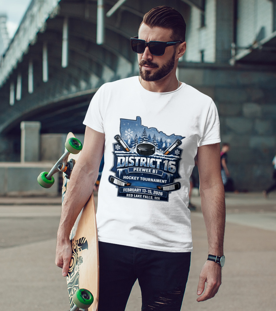 District 16 Peewee B1 Hockey Tournament February 13 15 2026 Red Lake Falls MN Snowy Forest Hockey Sticks Ice Rink T-Shirt