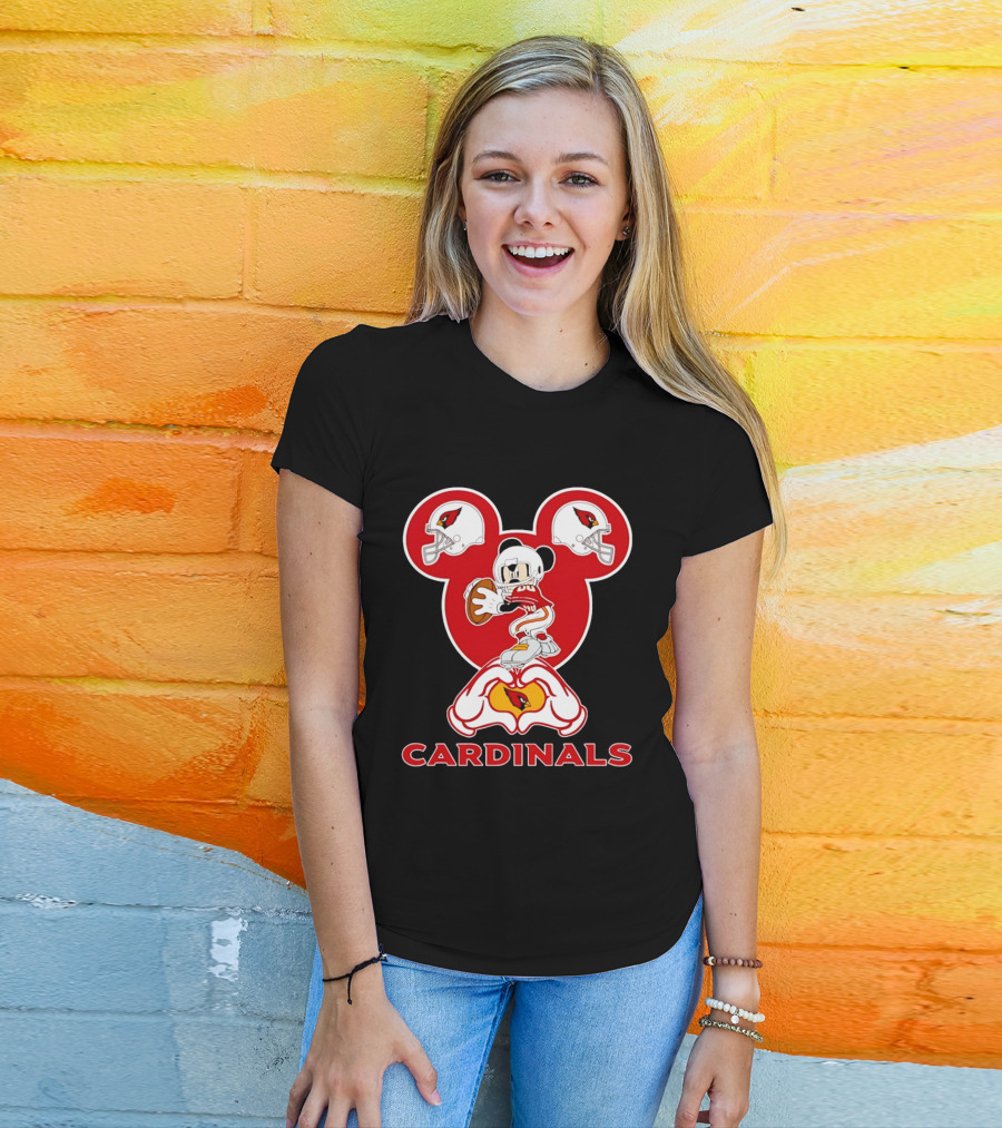 Arizona Cardinals Mickey Mouse Heart Hands Football Helmets T-Shirt