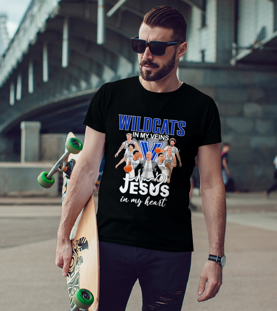 Wildcats In My Veins Jesus In My Heart Villanova Basketball Team Coach Kevin Willard T-Shirt