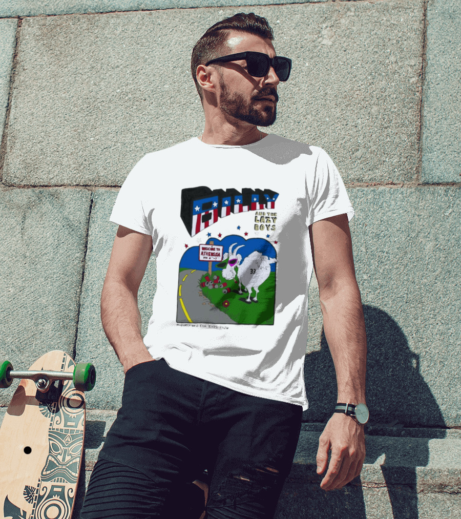 Billy And The Lazy Boys Athens GA Goat With Sunglasses Number 33 Welcome To Athens Sign T-Shirt