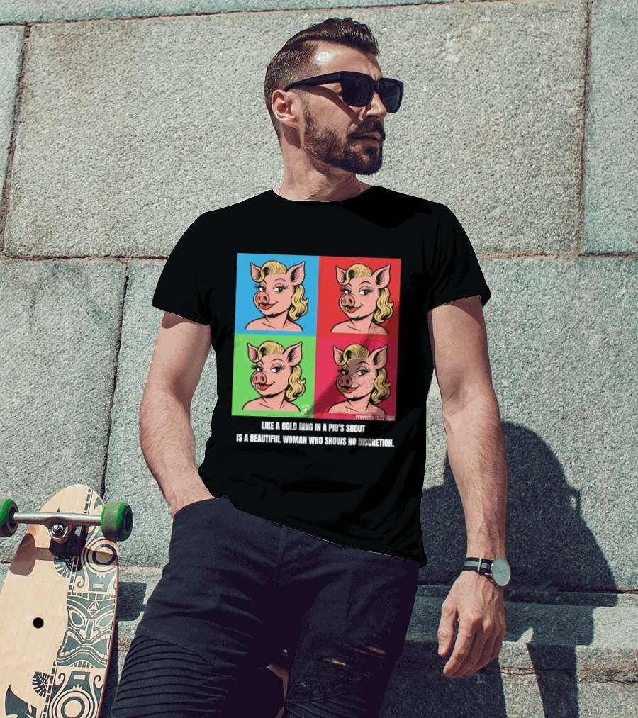 Proverbs 11:22 NIV Pig Pop Art Style Blonde Pig Panels T-Shirt