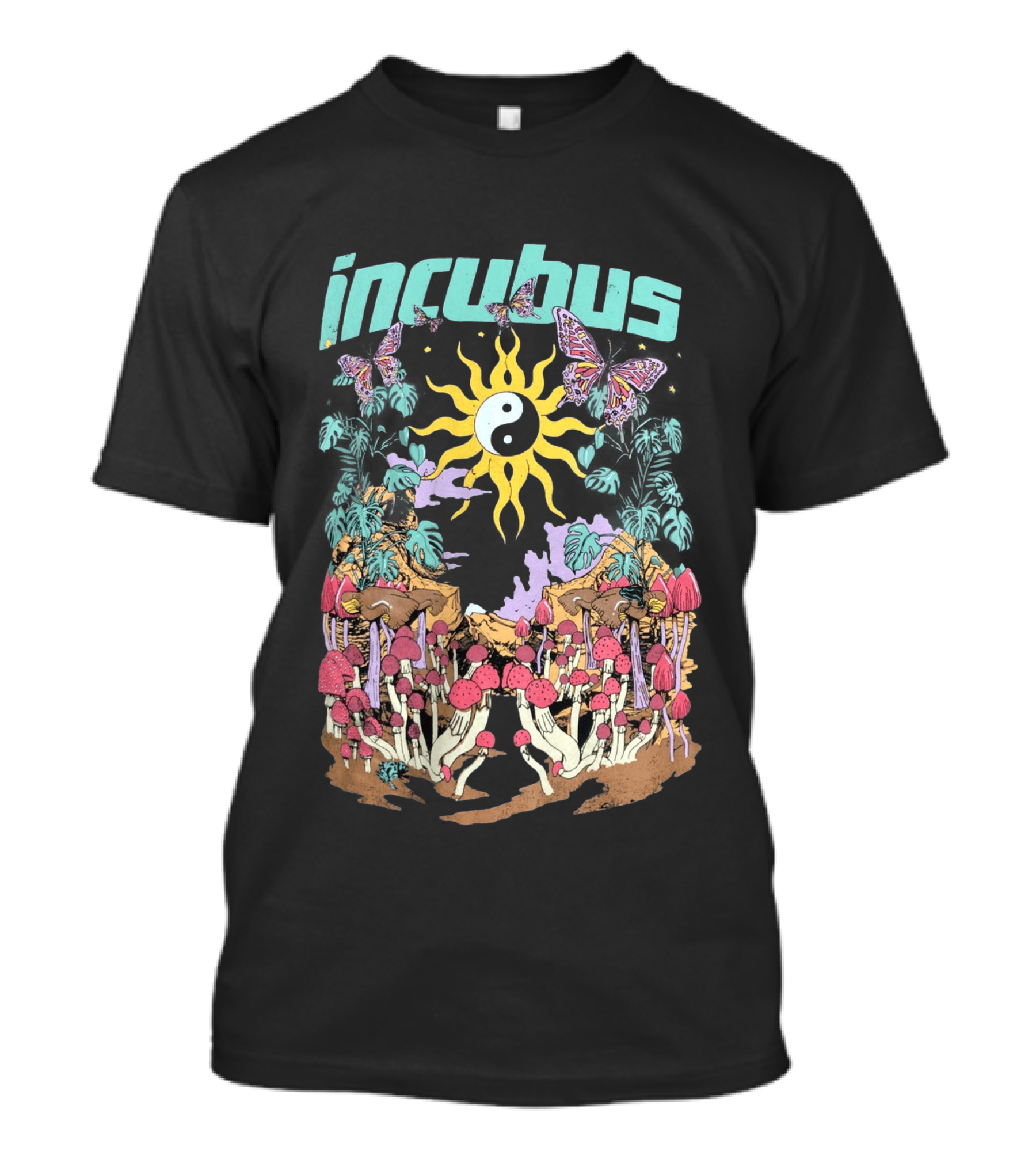 Incubus Yin Yang Sun With Mushrooms And Butterflies T-Shirt