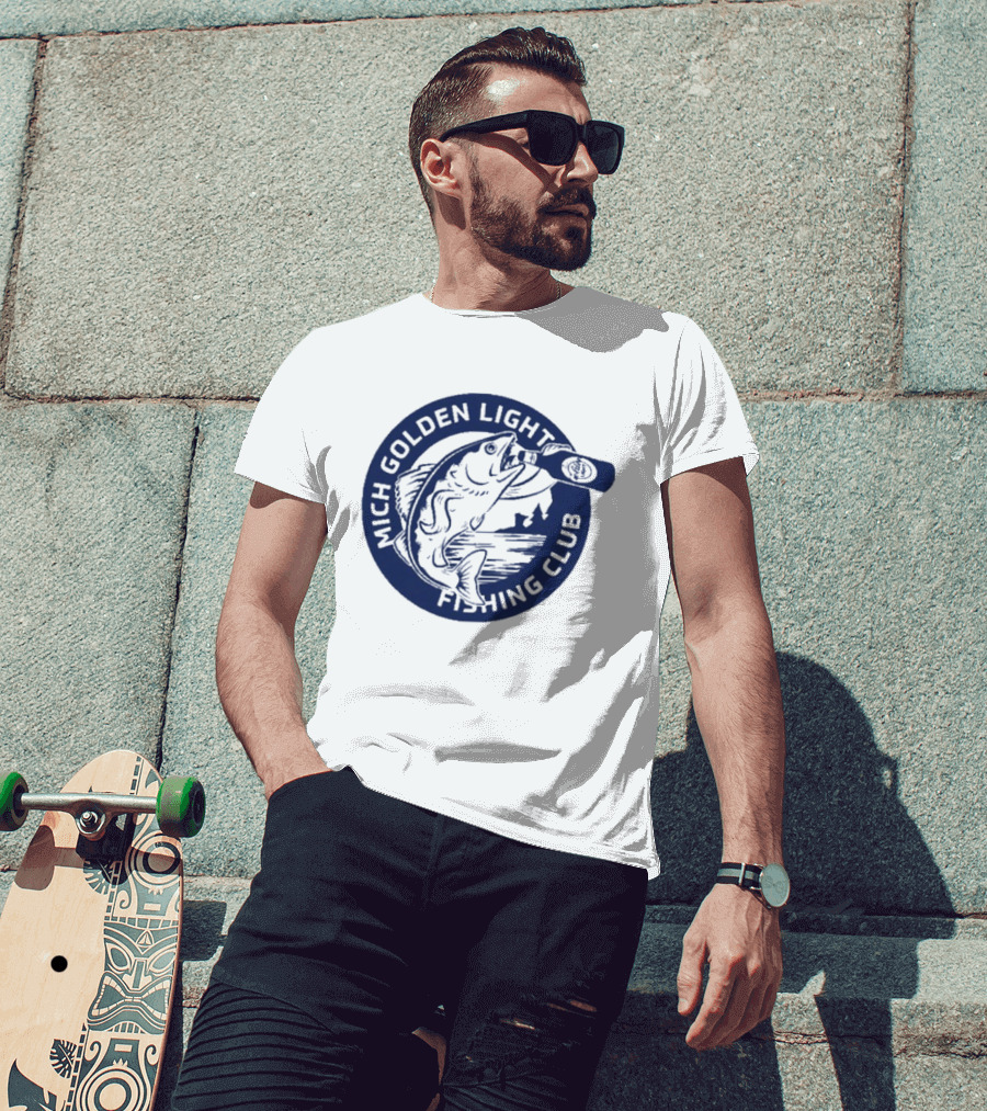Mich Golden Light Fishing Club Logo With Fish And Bottle T-Shirt