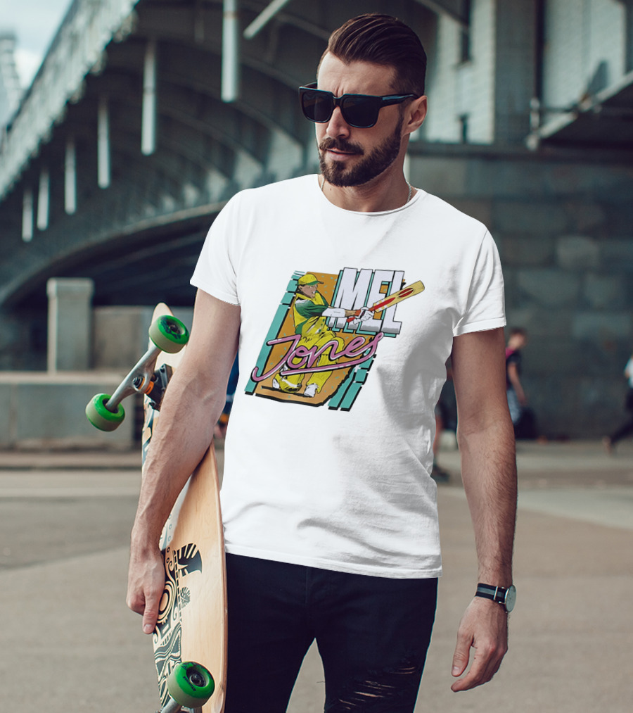 Mel Jones Cricket Caricature Batting Legend In Green And Gold T-Shirt