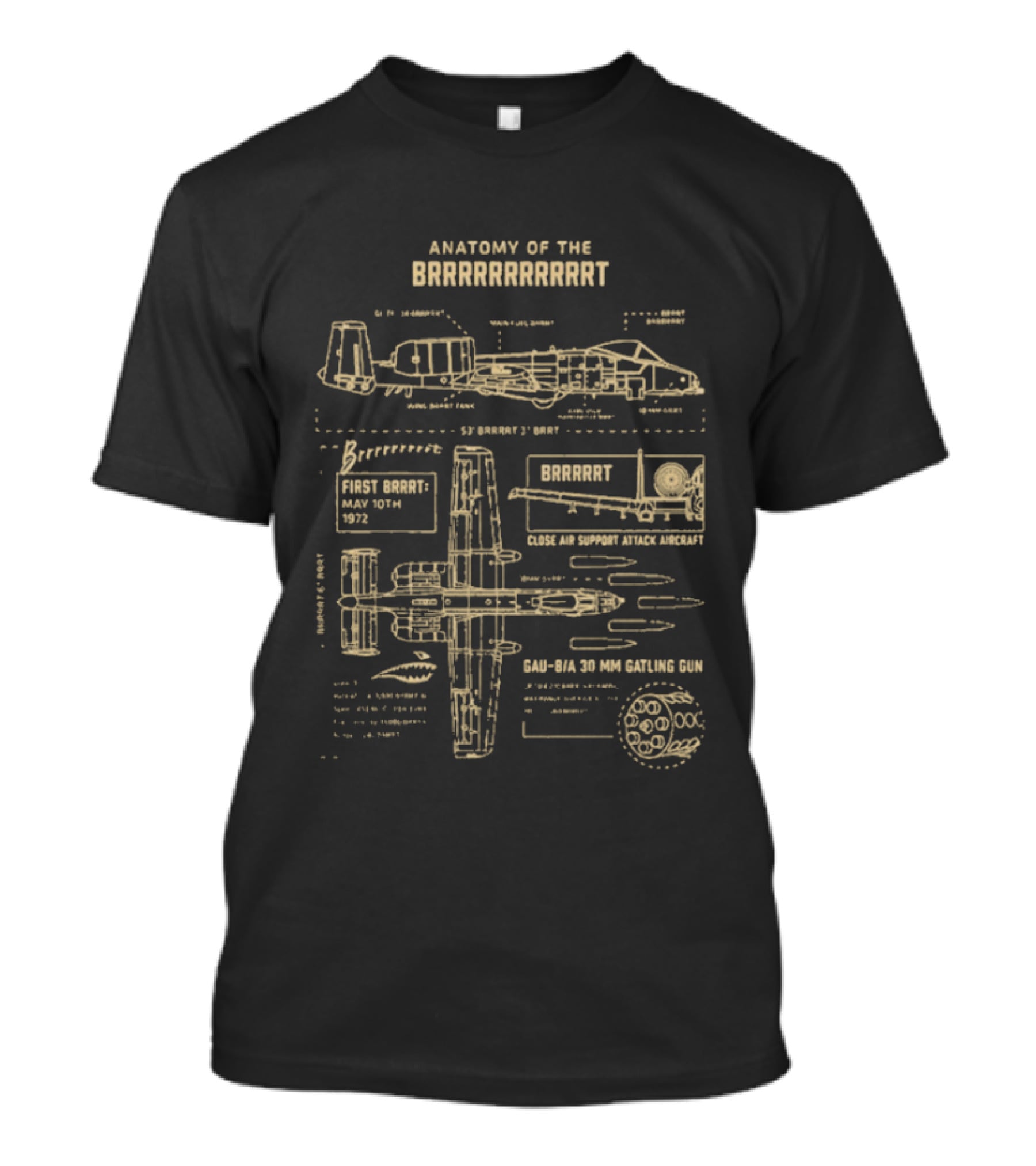 Anatomy Of The BRRRRRRT A 10 Warthog Gun Diagram Front Elevation And 30mm Gatling GAU 8/A Avenger Gun Blueprint T-Shirt