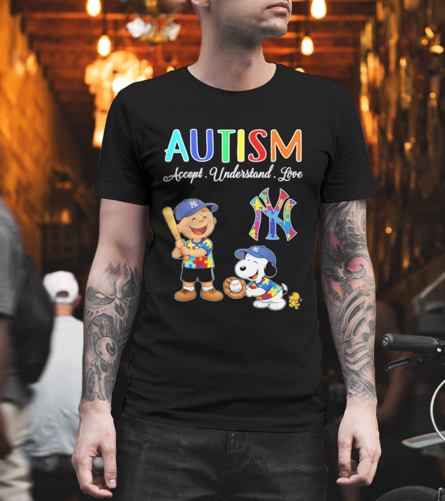 Charlie Brown Snoopy New York Yankees Autism Accept Understand Love T-Shirt