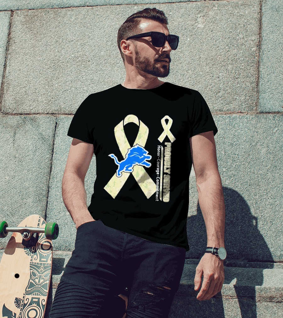 Detroit Lions Camo Ribbon Proudly Served Honor Courage Commitment T-Shirt