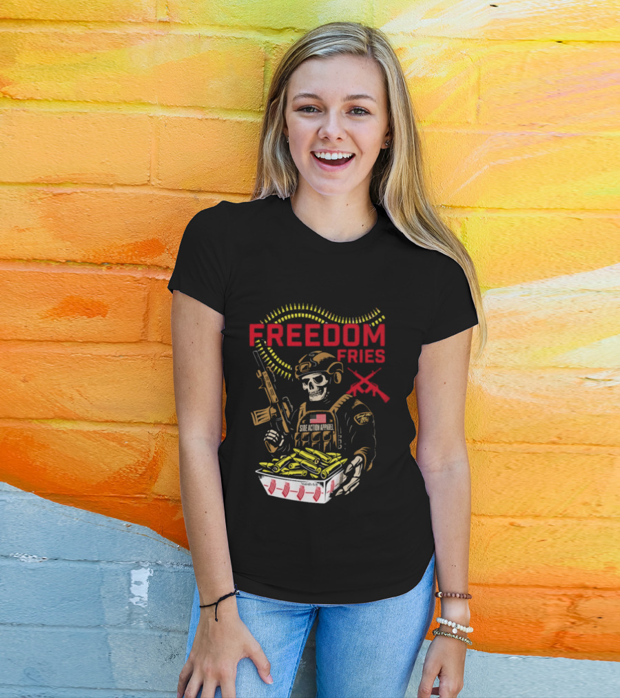 Freedom Fries Military Skeleton With USA Flag And Rifle T-Shirt