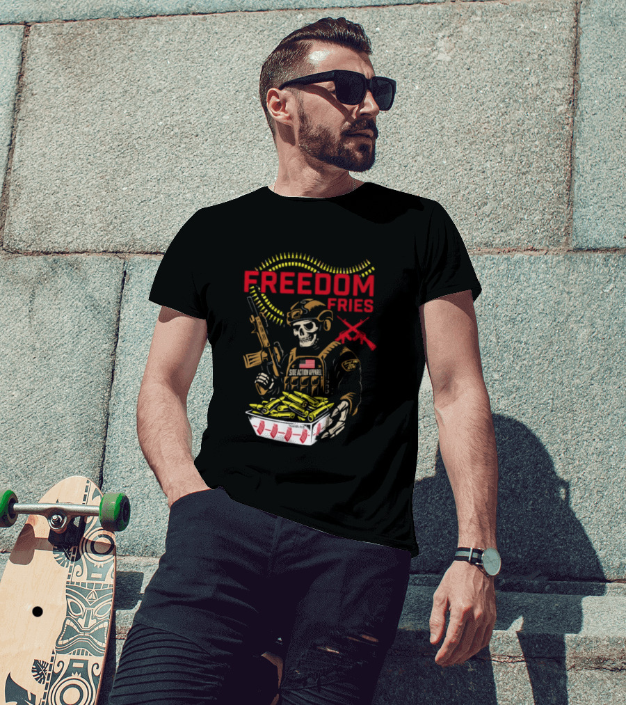 Freedom Fries Military Skeleton With USA Flag And Rifle T-Shirt