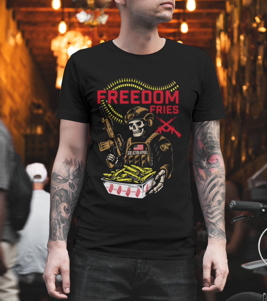 Freedom Fries Military Skeleton With USA Flag And Rifle T-Shirt