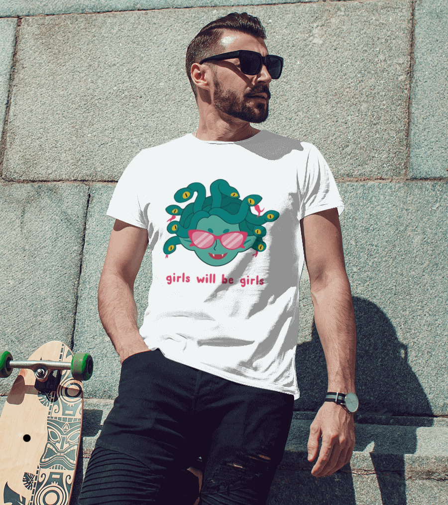 Green Medusa Head Pink Glasses Girls Will Be Girls T-Shirt
