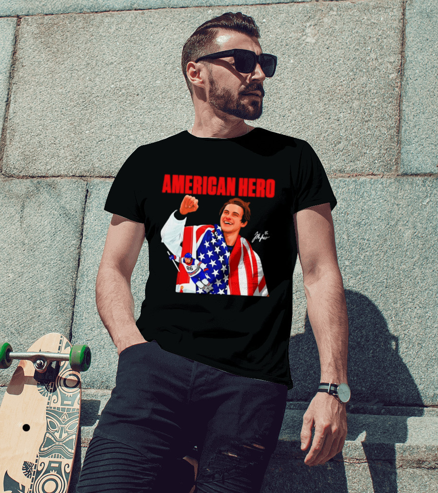 American Hero Jack Hughes USA Flag Hockey T-Shirt