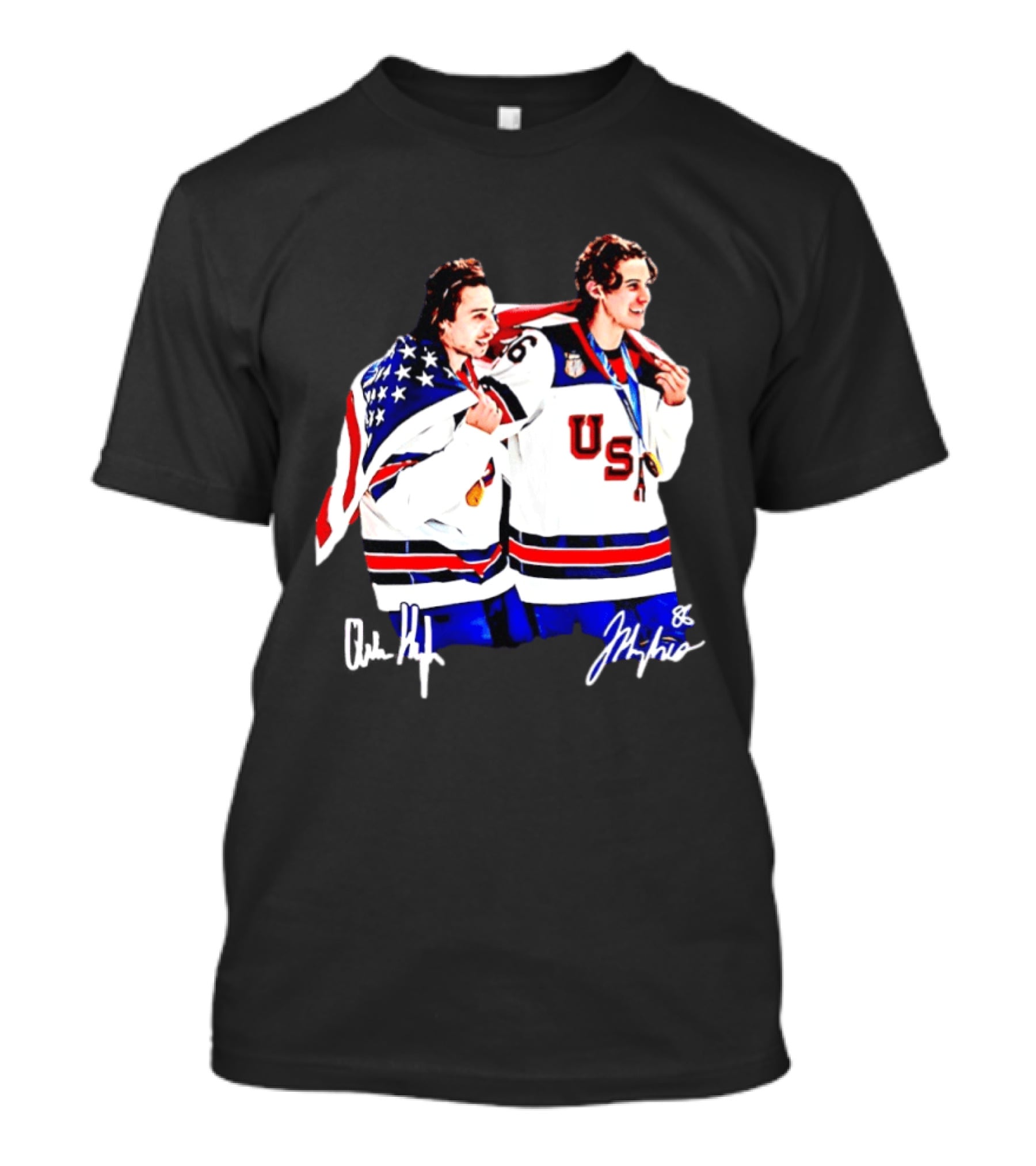 USA Hockey Golden Jack Hughes Jack Quinn American Flag Celebration T-Shirt