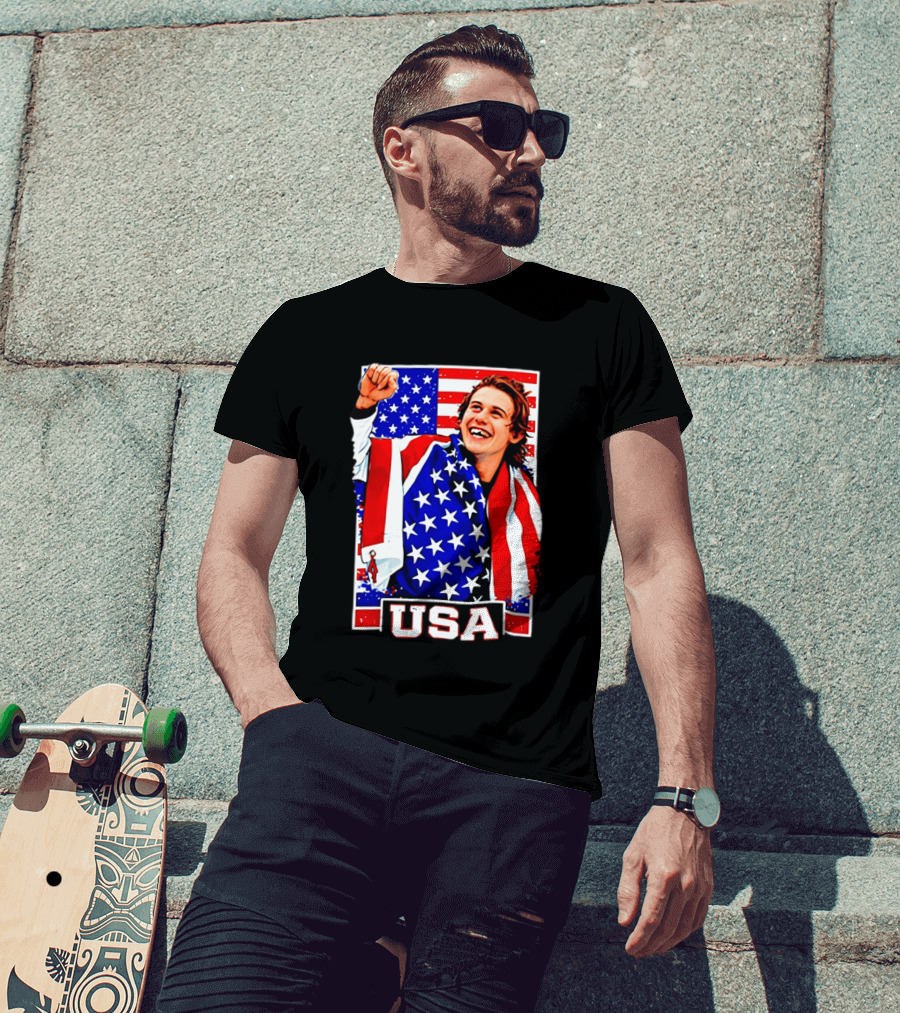 USA Flag Jack Hughes Olympic Hockey 2026 Golden Goal Celebration T-Shirt