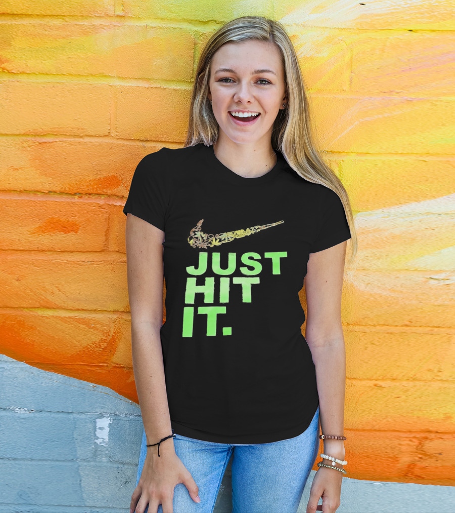 Just Hit It Classic Swoosh Flaming Bat Baseball T-Shirt