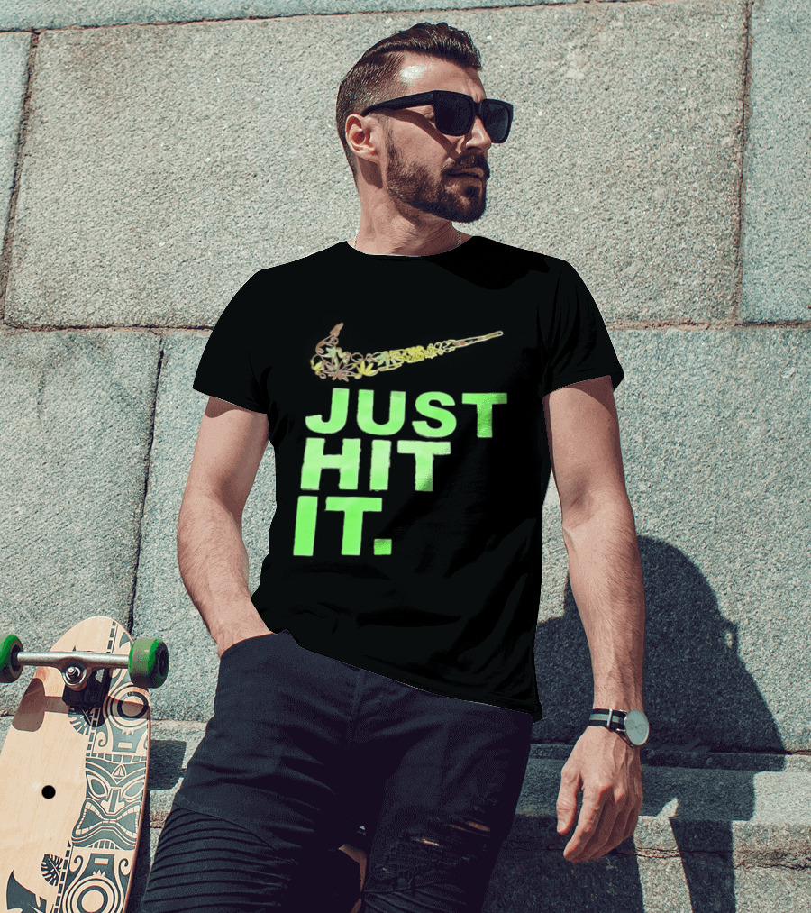 Just Hit It Classic Swoosh Flaming Bat Baseball T-Shirt