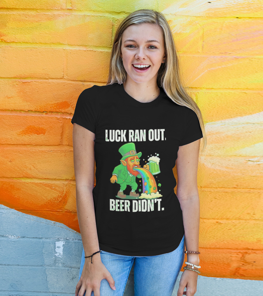 Leprechaun Drinking Beer Vomiting Rainbow Luck Ran Out St. Patrick's Day T-Shirt