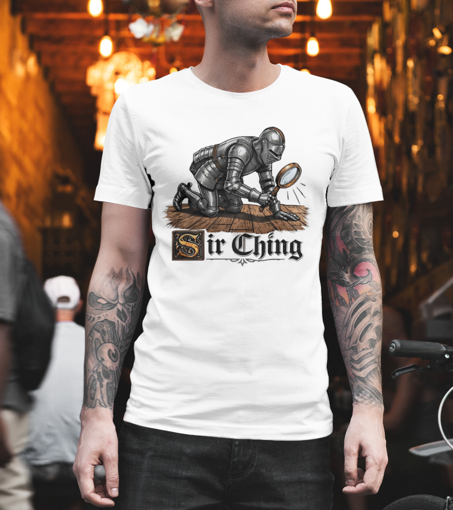 Sir Ching Medieval Knight with Magnifying Glass on Wooden Floor T-Shirt
