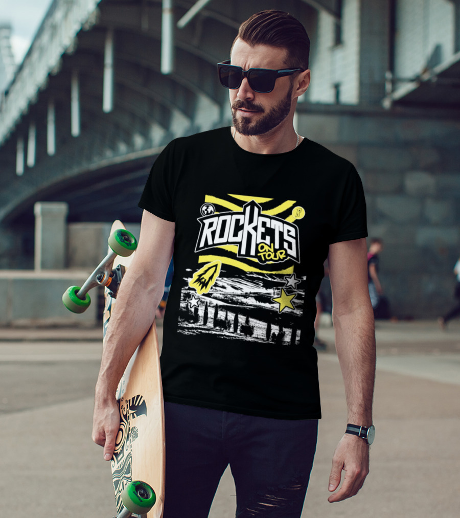 Rockets On Tour Yellow Stars Rocketship Waves Planet T-Shirt