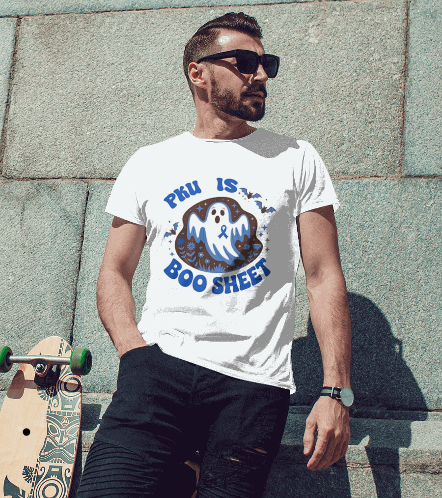 PKU Is Boo Sheet Blue Ribbon Ghost And Bat Halloween T-Shirt