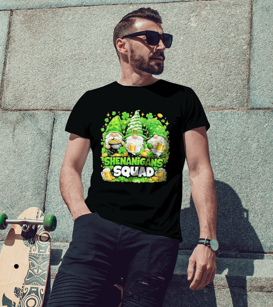 Shenanigans Squad St Patrick's Day Irish Gnomes Beer S And Clover Coins T-Shirt