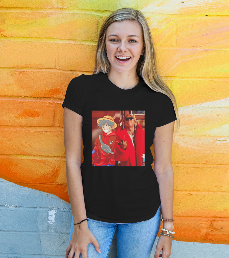 Lil Gum Monkey D. Luffy And Rapper Red Coat Outfit Fusion T-Shirt