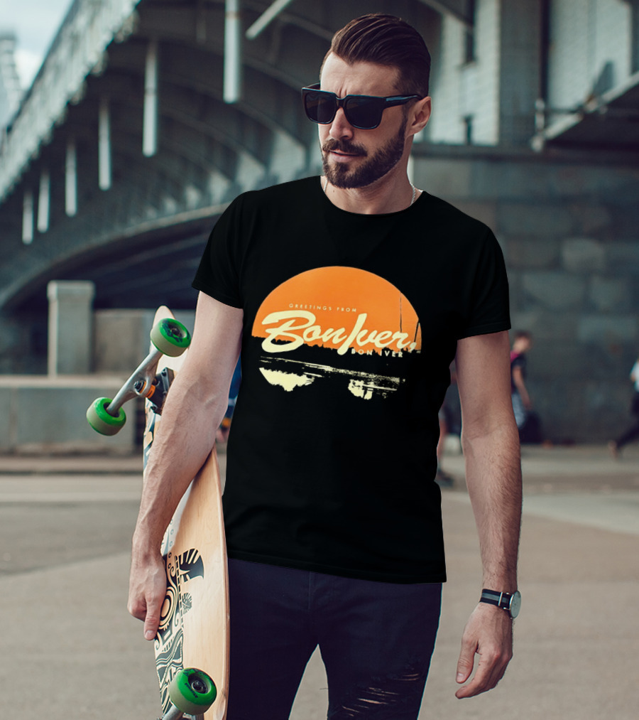 Greetings From Bon Iver Boniver Text Semi Circle Orange T-Shirt