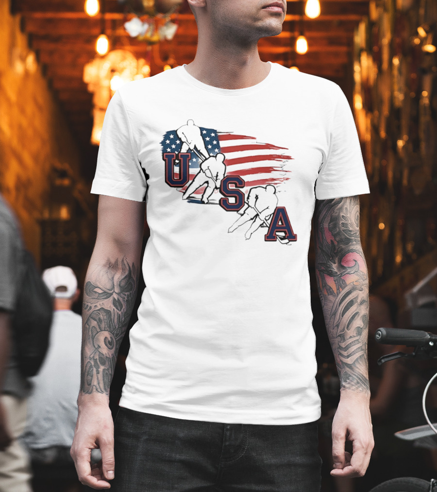 USA Olympic Gold Medal Hockey American Flag Hockey Players T-Shirt