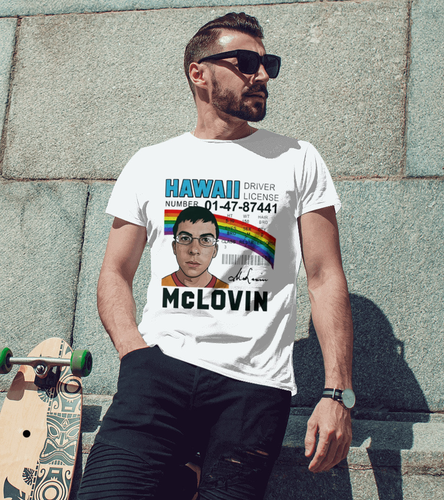 Hawaii Driver License McLovin Superbad Number 01 47 87441 Rainbow T-Shirt