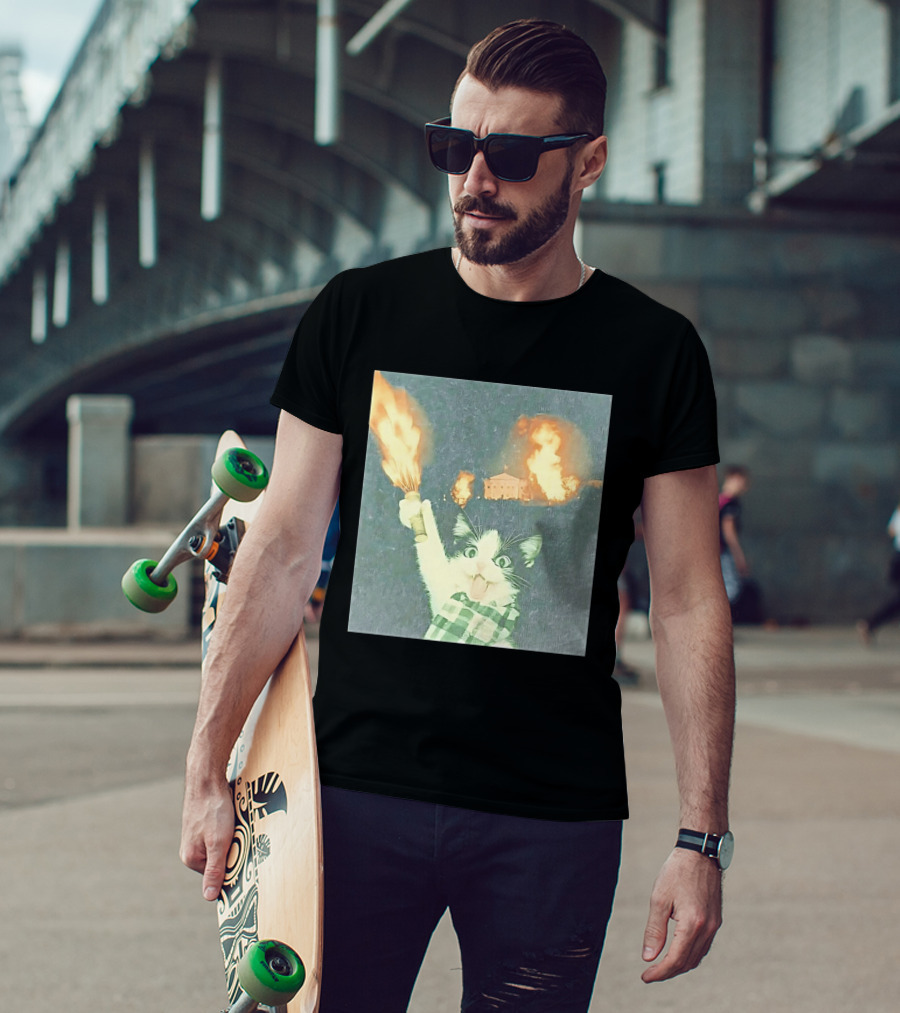 Rebellious Cat Riot Scene With Flaming T-Shirt
