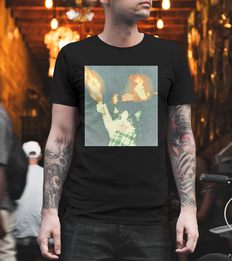 Rebellious Cat Riot Scene With Flaming T-Shirt