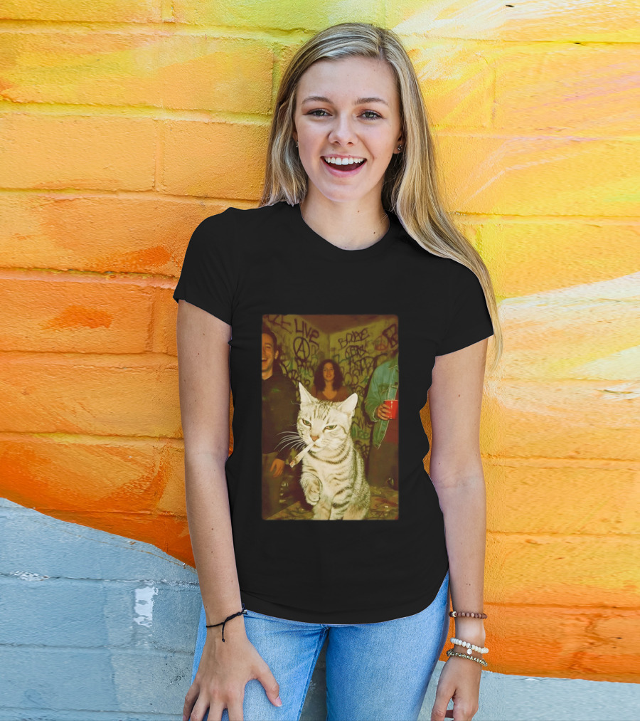 Smoking Tabby Cat Live Punk Party Scene T-Shirt
