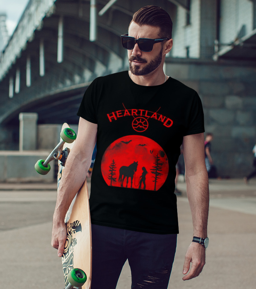 Heartland Ranch Red Moon Horse And Human Silhouette With Trees And Bats T-Shirt