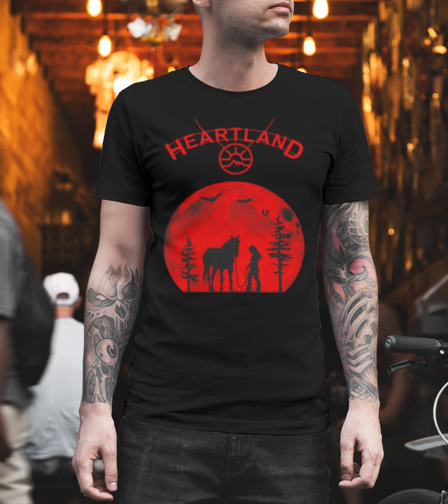 Heartland Ranch Red Moon Horse and Human Silhouette with Trees and Bats T-Shirt