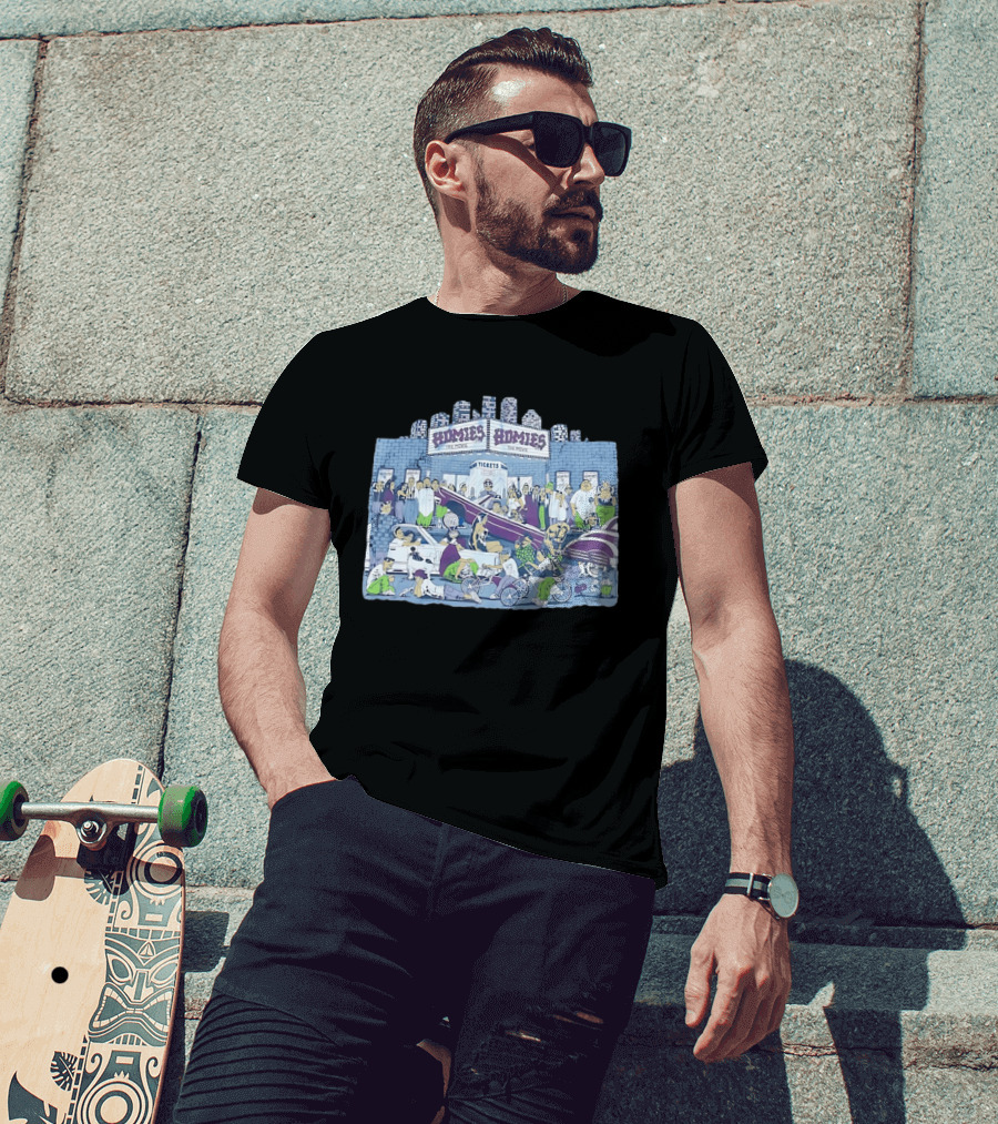 Homies The Movie Tickets Crowd Scene Skyscrapers Lowriders Bicycles T-Shirt