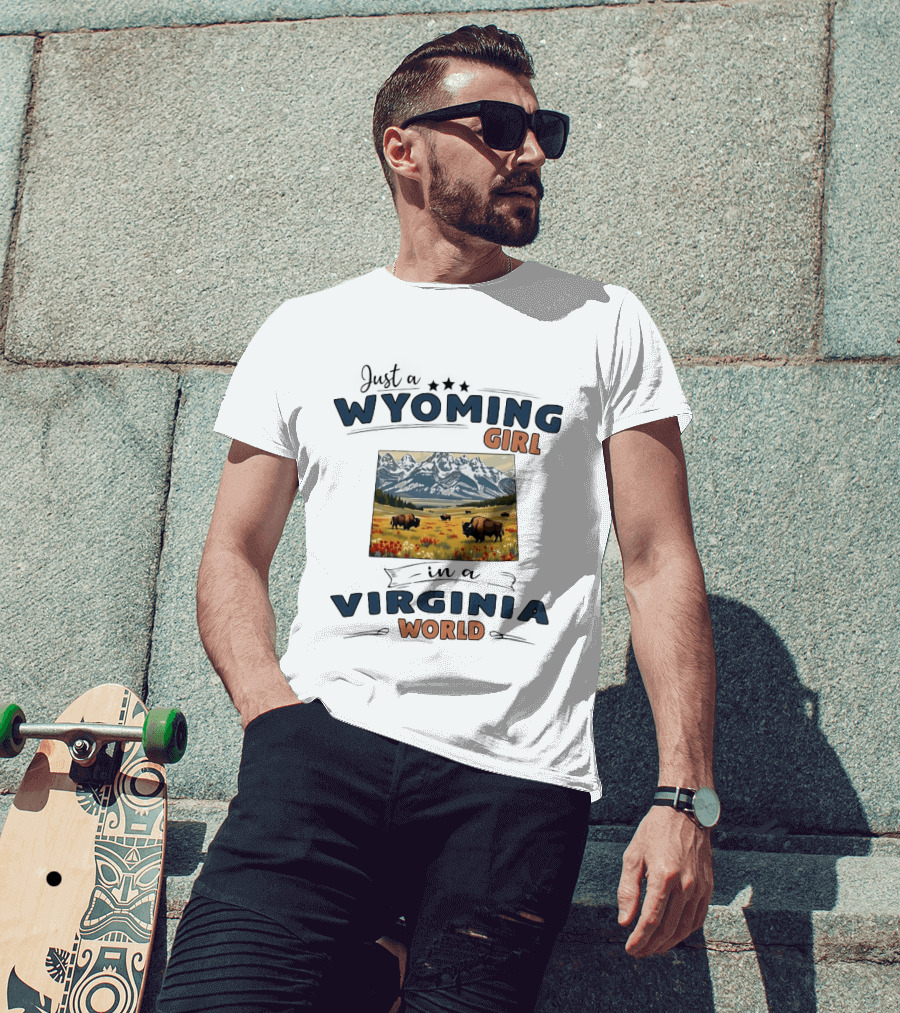Just A Wyoming Girl In A Virginia World With Mountain And Bison Scene T-Shirt
