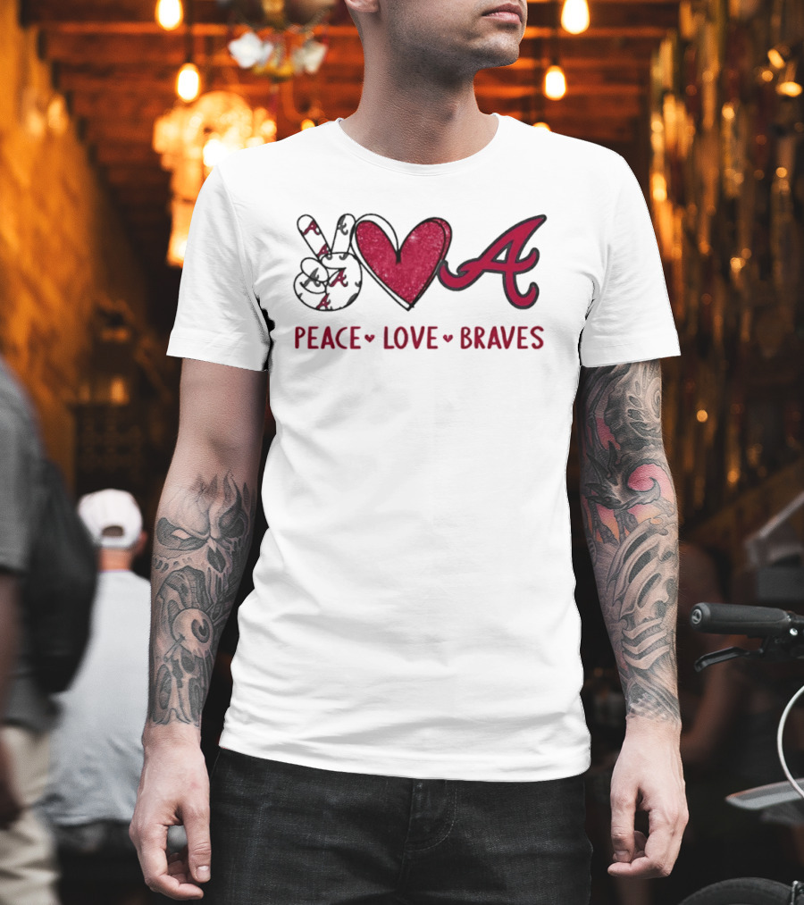 Atlanta Braves Peace Love Hand Sign Heart Shape T-Shirt