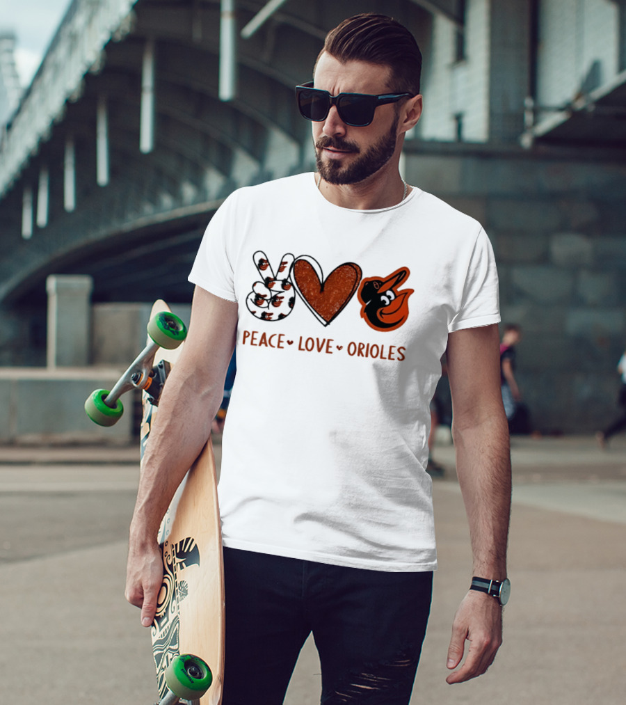 Peace Love Orioles Hand Sign Heart Shape Baltimore Orioles T-Shirt
