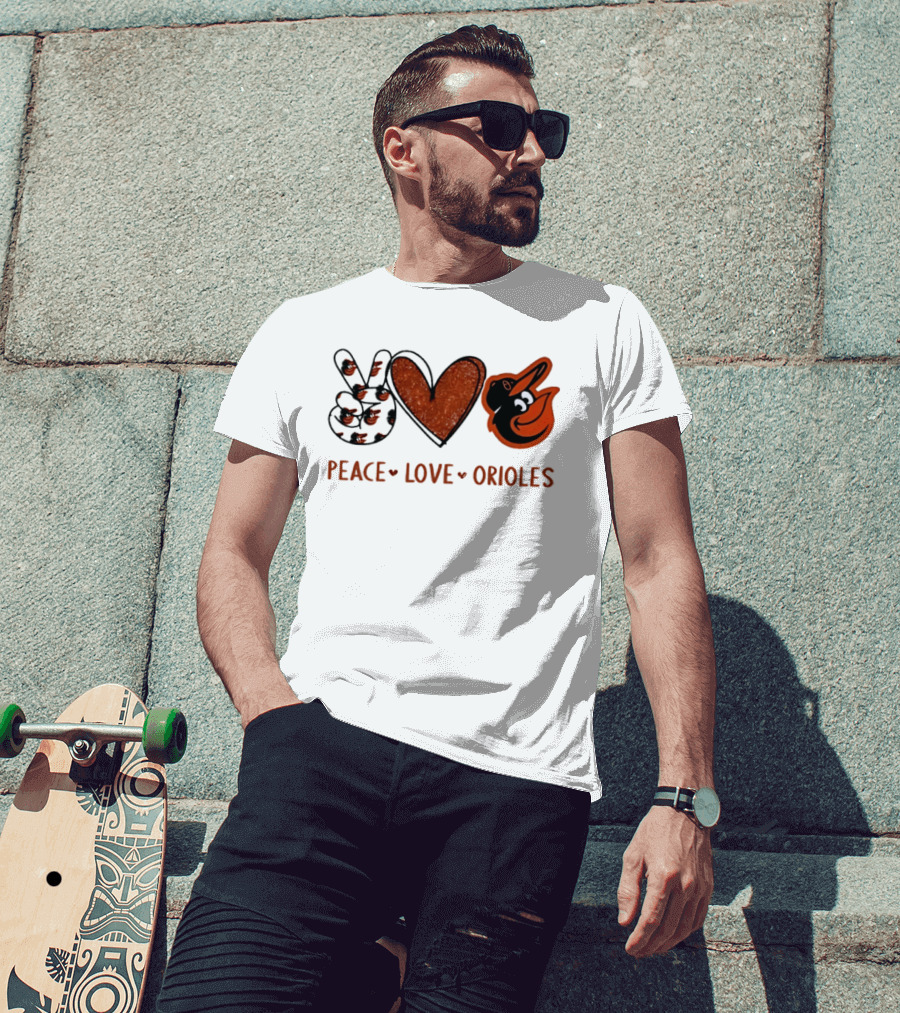 Peace Love Orioles Hand Sign Heart Shape Baltimore Orioles T-Shirt
