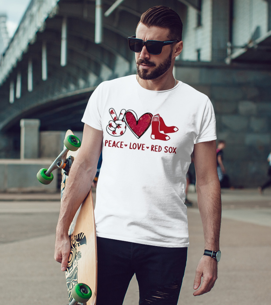 Peace Love Red Sox Hand Sign Heart Shape Socks T-Shirt