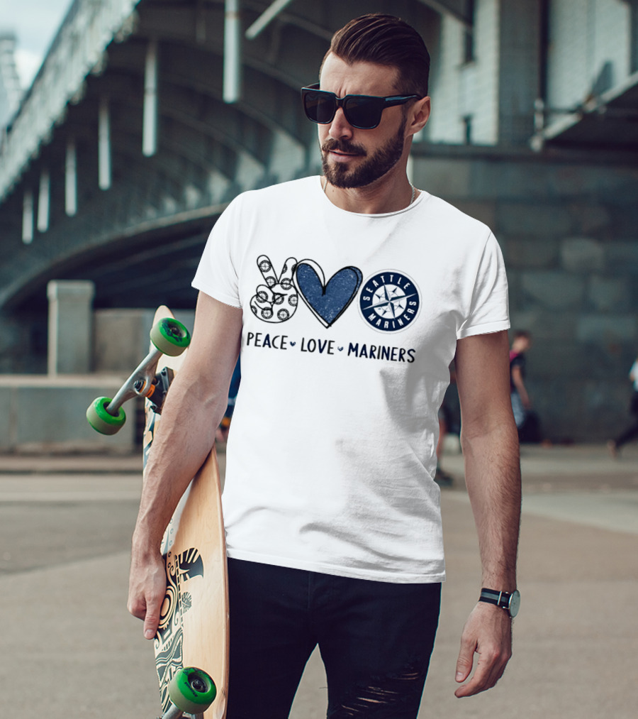 Peace Love Seattle Mariners Hand Sign Heart Shape T-Shirt