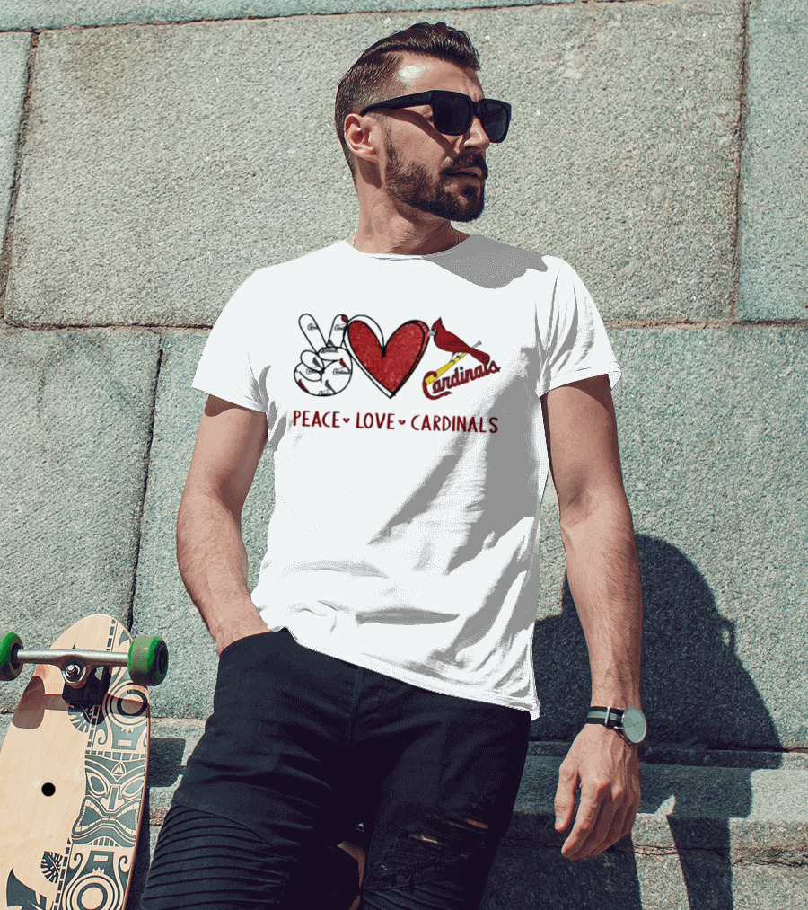Peace Love Cardinals Hand Sign Heart Shape St Louis Cardinals T-Shirt