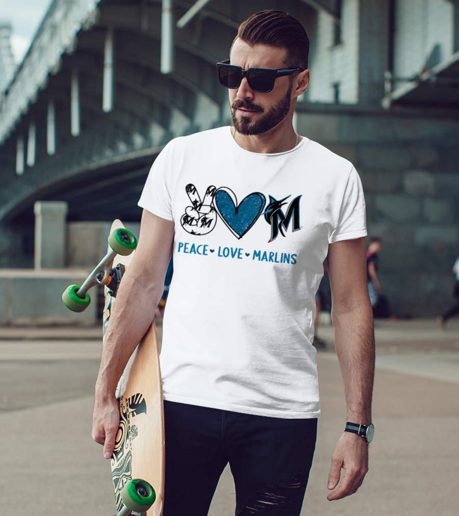Peace Love Miami Marlins Hand Sign Heart Shape T-Shirt