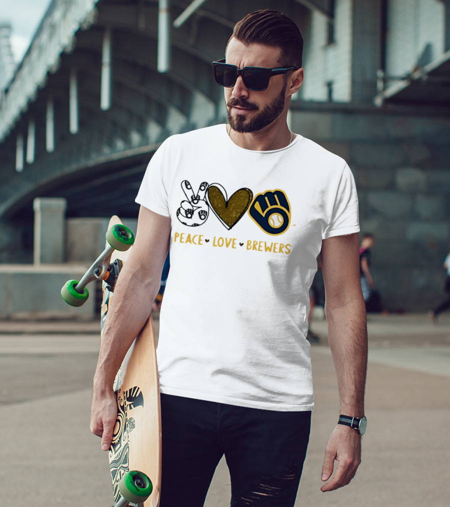 Milwaukee Brewers Peace Love Hand Sign Heart Shape T-Shirt