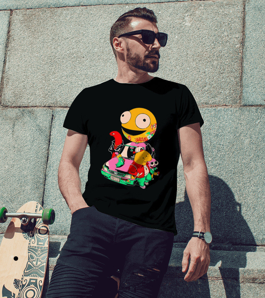 Pac Man Inspired Japanese Characters And Vintage Car Adventure T-Shirt