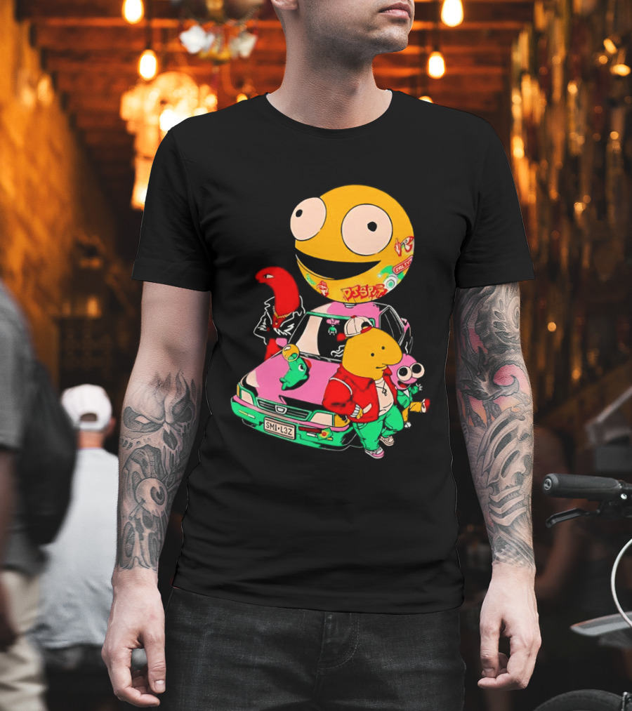 Pac Man Inspired Japanese Characters and Vintage Car Adventure T-Shirt