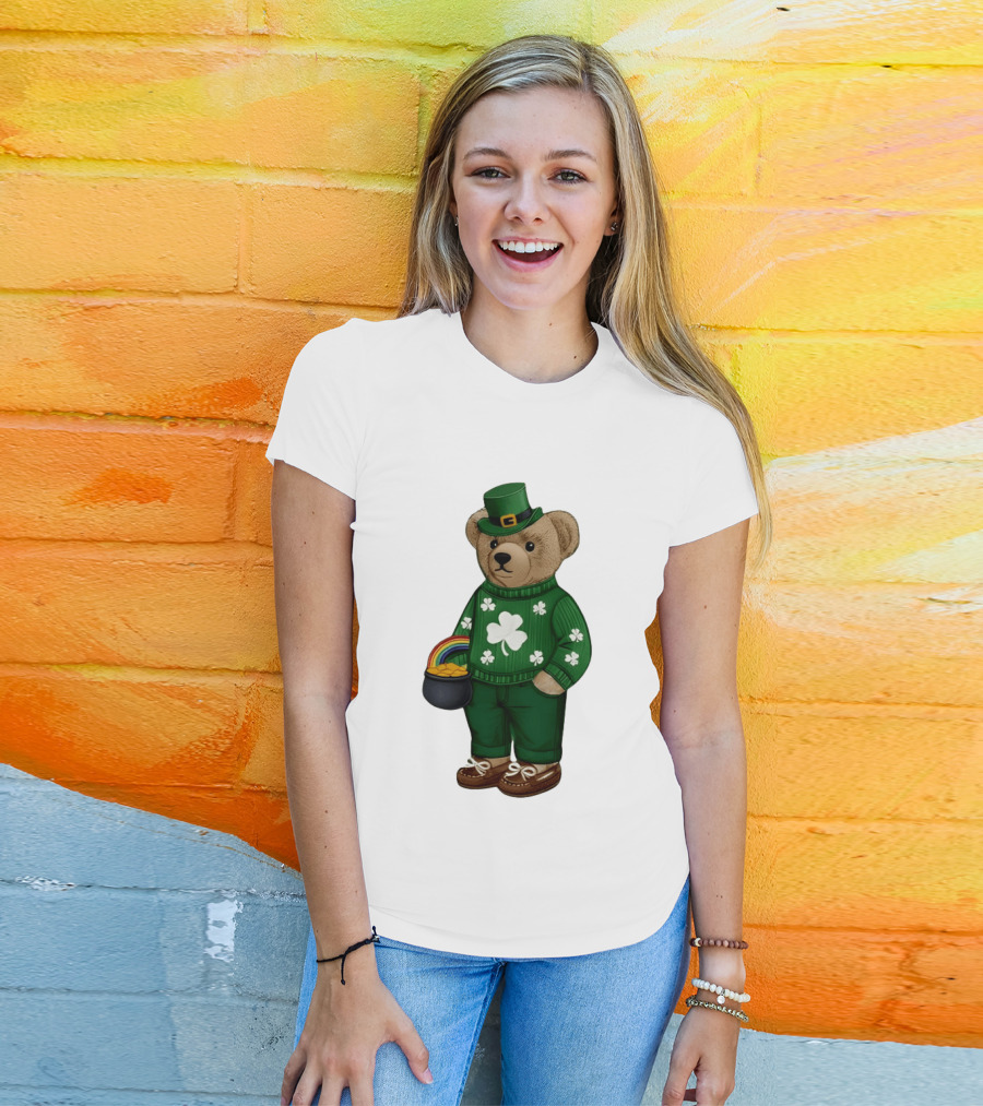 Lucky Teddy Bear Irish St Patricks Day Clover Rainbow Pot Of Gold T-Shirt
